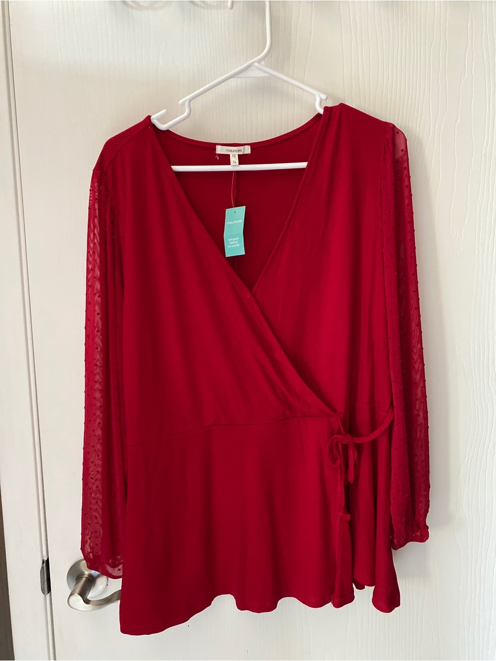 Maurices Red Swiss Dot Mesh Sleeve Wrap Top 1X NWT